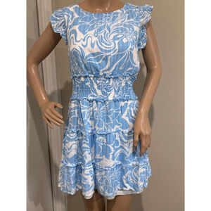Women's Lily Rose Blue & White Floral lined tiered crinkle gauze Mini Dress M
